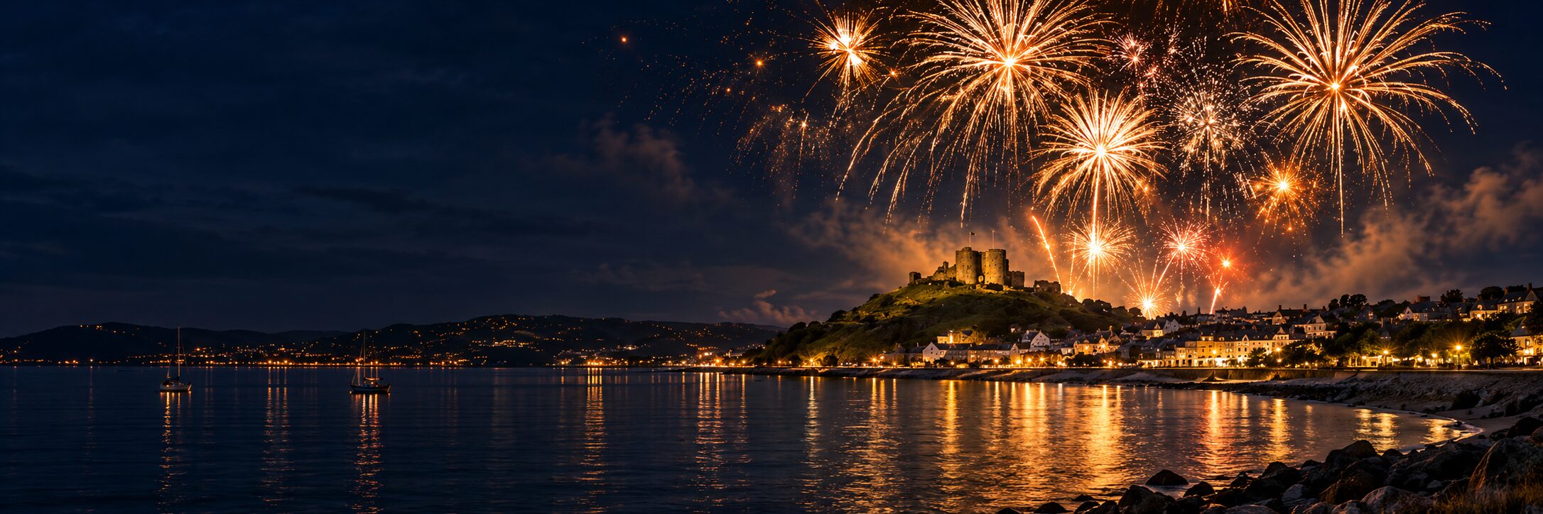 Fireworks over Criccieth Castle and the bay