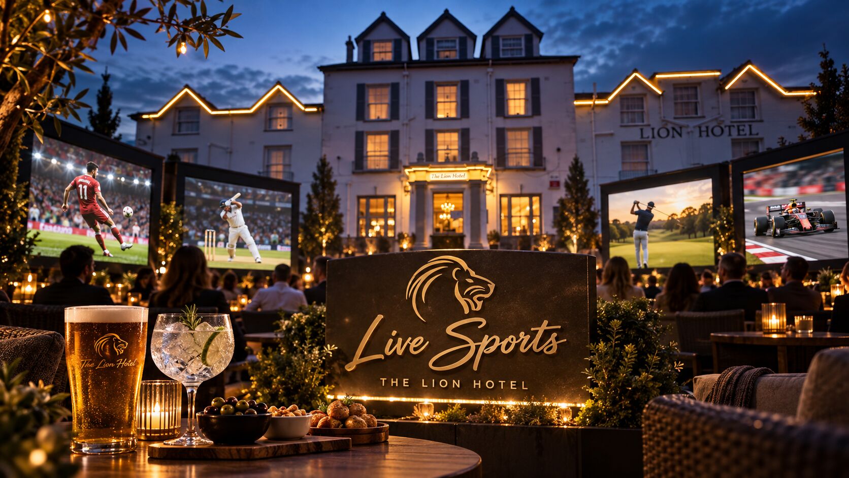 Big screens showing football, cricket, golf and Formula 1 outside The Lion Hotel